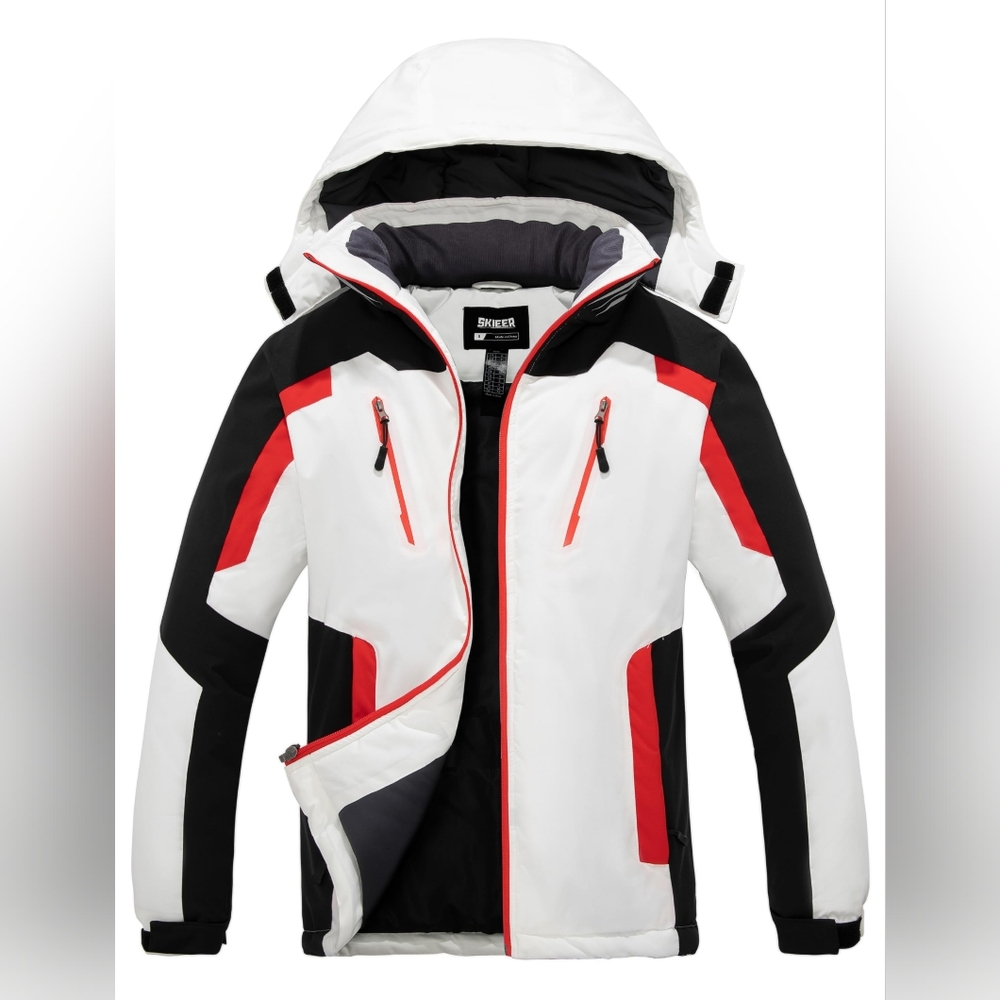 Men's White & Black Ski Jacket with Red Accents